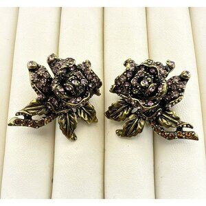 Heidi Daus Earrings Floral Pink Flower Clip On Rose Elegance Rhinestone